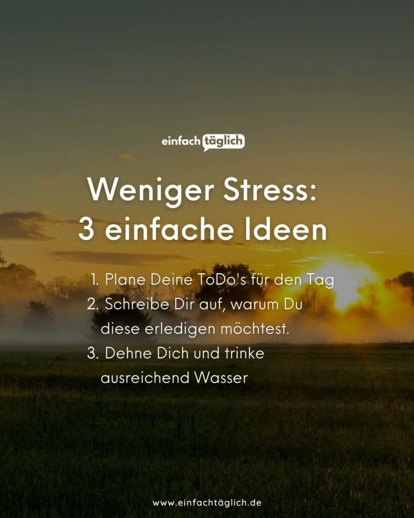 Weniger Stress: 3 einfache Ideen
1. Plane Deine ToDo´s richtig ein
2. Schreibe dir auf, warum du diese erledigen möchtest.
3. Dehne dich und trinke genug Wasser